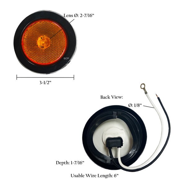 Trailer Light 2.5" Round Marker Light Amber Lens /4 LEDS Grommet
